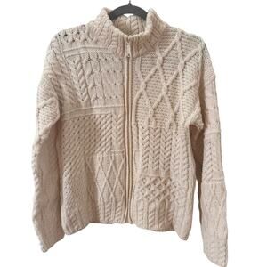 Carriag Donn Made in Ireland 100% Merino Wool Zip Up Cardigan Sweater White Sz M